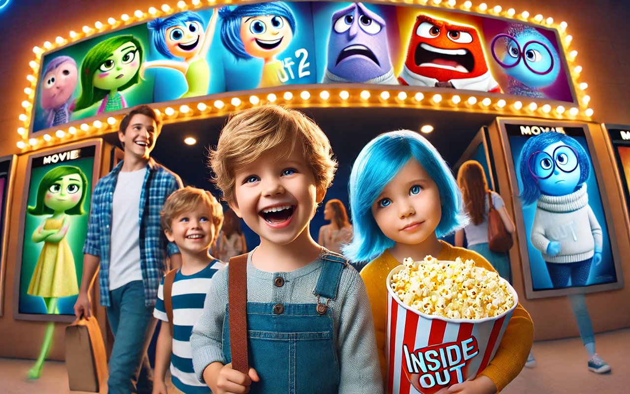 A imagem mostra uma família feliz saindo de uma sala de cinema, com crianças segurando pipocas e sorrindo